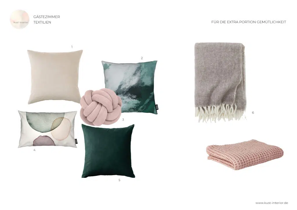 Gästezimmer klein modern Naturtöne Textilien Kissen Decken