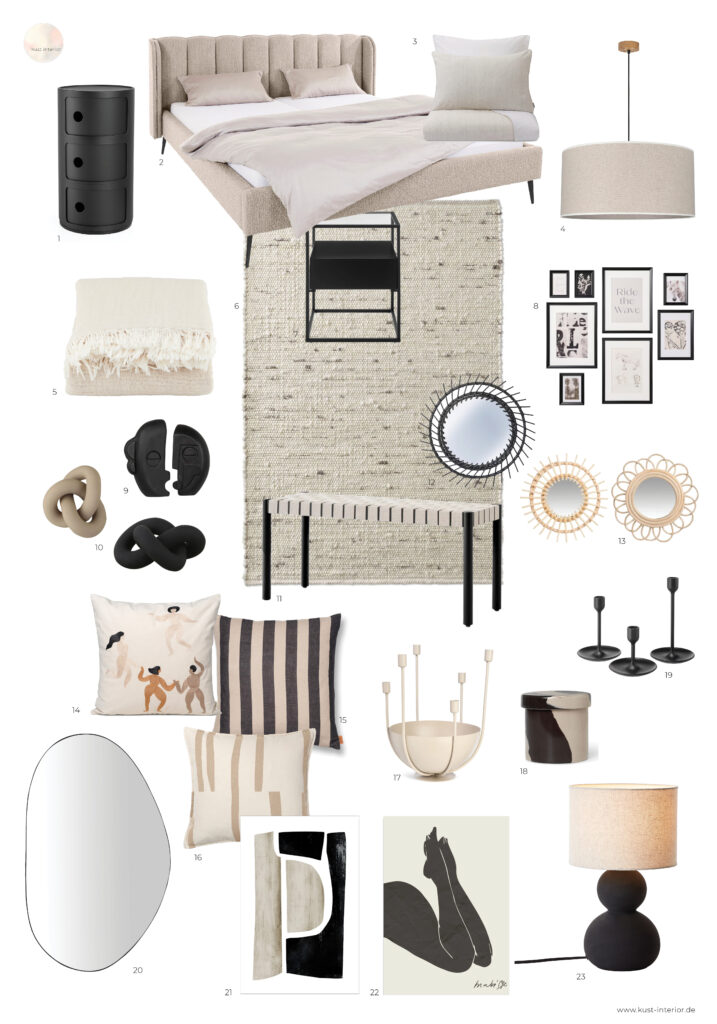Modernes Boho Schlafzimmer mit schwarzen Kontrasten